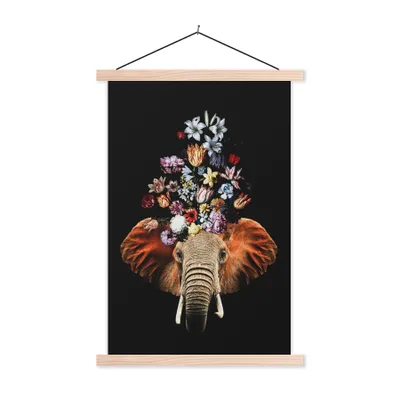 Produktbild von MuchoWow® Textilposter Elefant - Blumen - Schwarz 60x90 cm mit holzfarbenen Rahmen - Textil