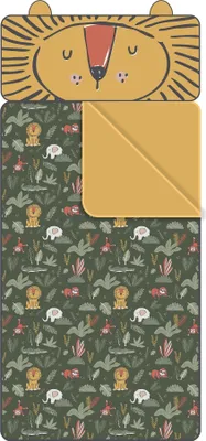 Produktbild von Kinder Schlafsack mit Kopfkissen 62x142 cm Indoor Schlafsack aus 100% Baumwolle mit Dschungel Motiv Löwe und Reißverschluss