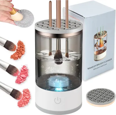 A collage of images showing a makeup brush cleaner, makeup brushes, and makeup powder.