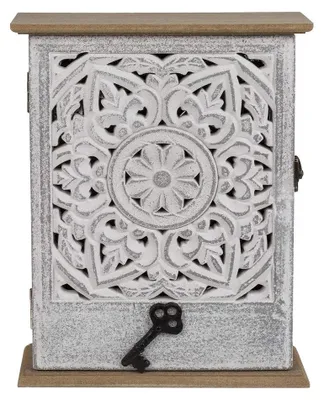 Productafbeelding van Houten sleutelkast met deur, wit bloemendecor, 20 x 26,5 cm