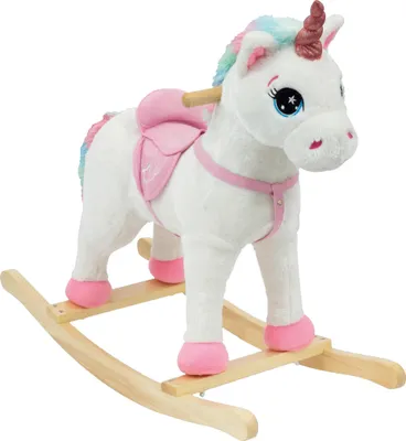 A white plush unicorn rocking toy with a pink saddle and reins, set on a wooden rocking base.
