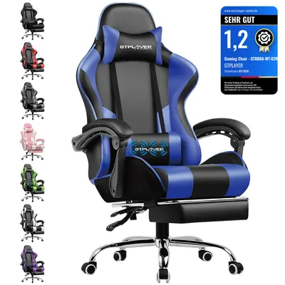 Produktbild von GTPLAYER Gaming Stuhl mit Fußstütze und Massage-Lendenkissen Bürostuhl Zocker Stuhl Ergonomischer Gamer Stuhl mit Verbindungsarmlehnen bis 150kg belastbar BLAU