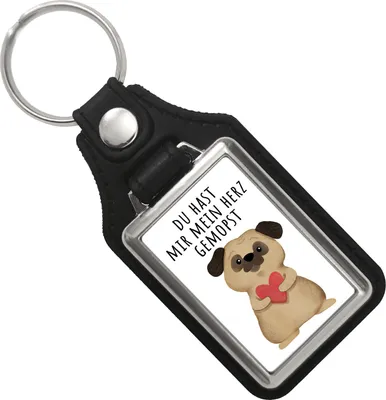 Produktbild von Mops mit Herz Schlüsselanhänger mit Kunstleder-Anhänger mit Spruch Du hast mir