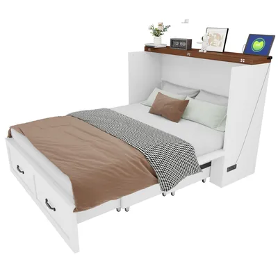 Produktbild von Merax Klappbett 140x200cm mit Stauraum, Ausziehbares Schrankbett mit Metallrahmen, Steckdose, Rollsystem, Platzsparendes Gästebett, Weiß
