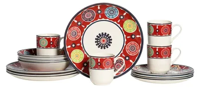 16-tlg. Kombiservice für 4 Personen, Steingut, rot, Mandala-Design