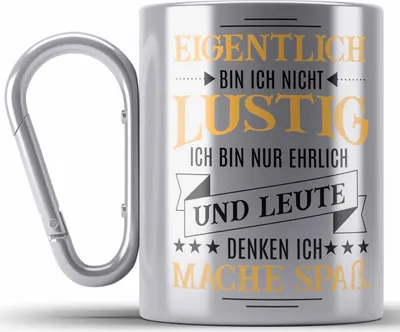 Produktbild von Trendation - Ich Bin Eigentlich Nicht Lustig Edelstahl Tasse Karabiner mit Spruch Geschenk Kollegin Kollege Sarkasmus Karabiner Edelstahl Tasse Karabiner Edelstahl Sprüche (Silber)