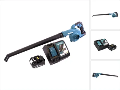 A cordless leaf blower with a battery and charger, displayed on a white background.