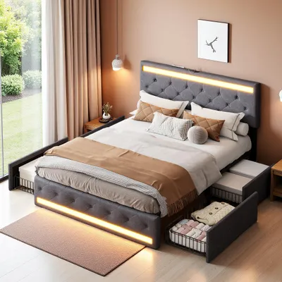 Image de INONEFT, cadre de lit double, 160 x 200 cm, revêtement en lin, gris foncé, avec 4 tiroirs, une barre de lumière LED et un port de charge USB, sans matelas