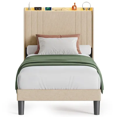 Immagine prodotto di Letto imbottito BEALIFE BF28 90x200 cm con rete a doghe | struttura in metallo con testata in legno | a bassa vibrazione | beige/grigio scuro