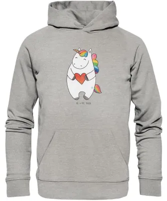 Produktbild von Mr. & Mrs. Panda Bedruckter Hoodie Einhorn Herz Größe S - Heather Grey - Geschenk, Hoody, Kapuzenpulli, Bunt, Unicorn, Freundin, Einhörner, Pulli, Sweatshirt, Pullover