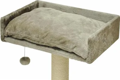 A close-up view of a rectangular cat bed with a plush cushion, attached to a scratching post.
