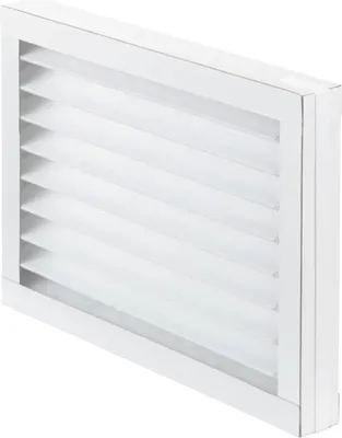 A white louvered vent filter is shown from a diagonal angle against a white background.