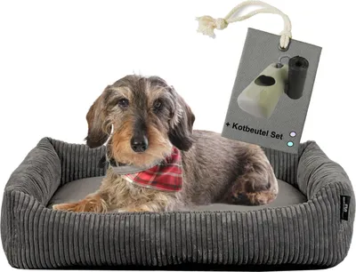 Produktbild von Rohrschneider Hundebett Hundekorb Cordstoff mit Hundekotbeutelset, Farbe:grau, Muster:Cordstoff breit