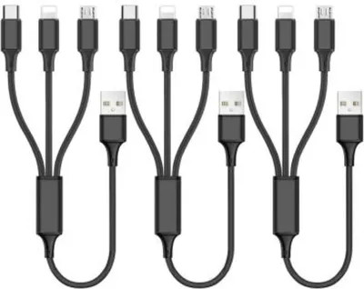 Produktbild von 3-in-1 Ladekabel Robustes Mehrfachladekabel mit USB-C Micro und iPhone Anschluss – Schwarz / 3 Pack