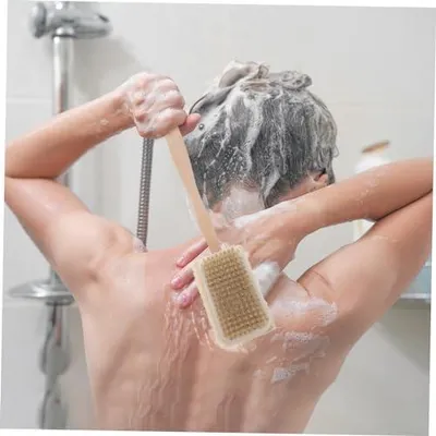 Produktbild von Körperbürste mit Naturborsten Badebürste aus Holz Langer Griff Doppelseitig Peeling-schwamm Luffa-schwamm für Dusche und Badewanne