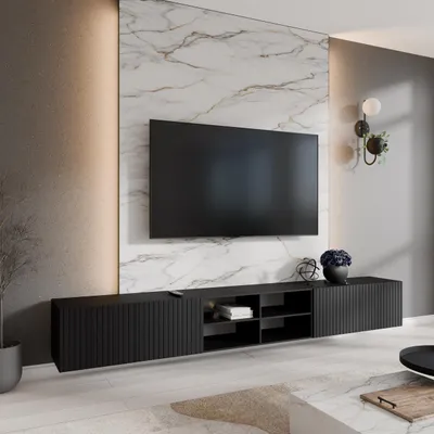 Produktbild von Hängeschrank RTV 300cm breit Porto TV Lowbord mit 4 Türen Große TV Schrank mit Fächer Lowboard Fernsehtisch mit gefräste Fronten, Farbe: Schwarz, Schwarz, Anzahl der Türen: 4