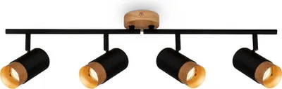 A black track light fixture with four adjustable spotlights, featuring wooden accents.