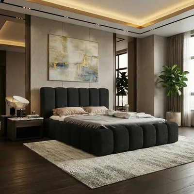 Produktbild von LUXKOR24 Polsterbett VELORA 180x200cm mit Bettkasten & Metallgestell - Bouclé Stoff  SCHWARZ CORAL