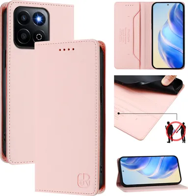 Collage of product images showing a pink phone case from different angles and with different features.