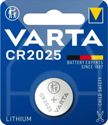 A VARTA CR2025 lithium battery packaged in a blue blister pack.