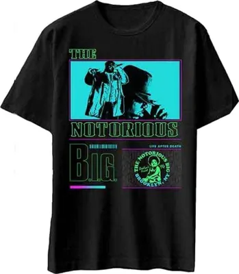 Imagen del producto de Camiseta negra de manga corta con diseño neón de "Life After Death" de Notorious B.I.G. (Talla L)