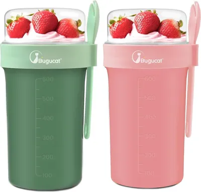 Image de Bugucat gobelet à céréales to Go set de 2, gobelet à yaourt avec cuillère, anti-fuite 990ml, gobelet Müsli Cup to Go, boîte à céréales to Go, vert+rose