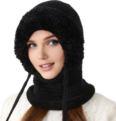 Produktbild von 3-in-1-Strickmütze für Damen: Weicher Plüsch-Winterschal mit Gesichtsschutz, verstellbaren Riemen und winddichtem Kapuzendesign.