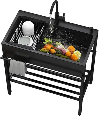 Produktbild von Spuelbecken Edelstahl Schwarz,80cm Spültisch Spülbecken Küchenspüle 1 Becken,Freistehende küche Spüle Waschbecken Spülschrank Waschtisch Werkstatt Ausgussbecken