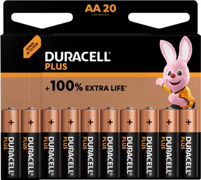 A package of Duracell Plus AA batteries with a cartoon bunny mascot.