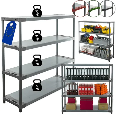 Produktbild von MODO24 Kunststoffregal, 4 Ablagen, 70kg/Boden, Schwerlast, Steckregal, Lagerregal, Plastikregal, Werkstatt, 138x130x46?cm, Grau, JUPITER