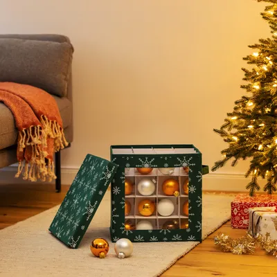 Produktbild von Navaris Aufbewahrungsbox für Weihnachtskugeln - Sortierbox für Christbaumkugeln - Box Aufbewahrung 64 Fächer - quadratisch mit Deckel - Dunkelgrün