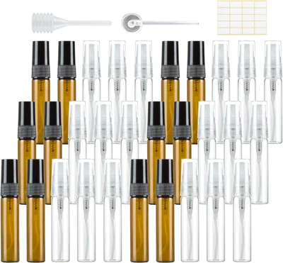 Imagen del producto de Atomizadores de perfume de vidrio de 5 ml, paquete de 30 unidades, transparentes y color ámbar, con pipetas, ideales para viajes