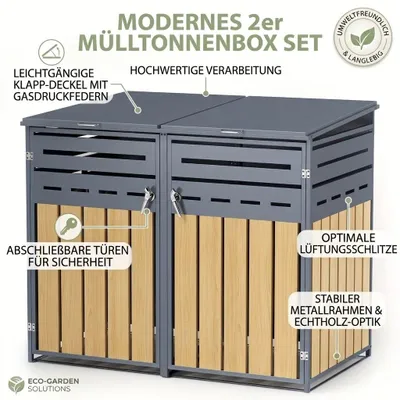 Produktbild von Mülltonnenbox 2er Set verzinkter Stahl Holz-Design 120L / 240L Tonnen