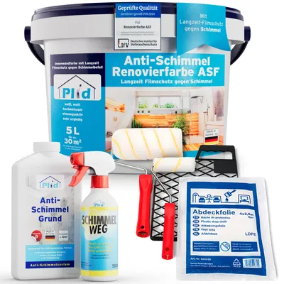 Produktbild von Plid Anti Schimmel Renovierfarbe Weiß 5L + Sanierset für ca. 30m² - [DAUERHAFTER SCHIMMELSCHUTZ] Antischimmelfarbe alle Wände, Feuchträume, Bad, Küche
