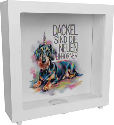Produktbild von Dackel Einhorn Rahmen Spardose aus Holz - Dackel sind Einhörner