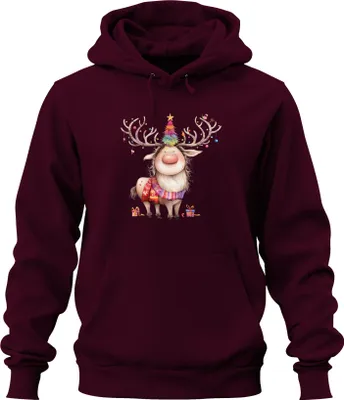 Immagine prodotto di Renna di Natale con corna colorate regalo albero di Natale felpa con cappuccio unisex, Borgogna, 3XL