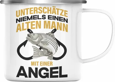Produktbild von Trendation - Angler Emaille Tasse Geschenk Männer Sprüche Lustig für Fischer Geschenkidee Angeln Becher (Silber)