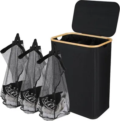 Image de Panier à linge en bambou avec couvercle, 160 L, noir