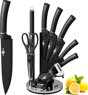 Produktbild von KAZUSHI 9-tlg Messerset mit Drehbare Messerblock, Profi Scharfe Messer Set mit Block, Edelstahl Küchenmesser - Schwarz (KA-KN91)