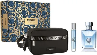 A Versace Pour Homme gift set including a toiletry bag, a travel-sized perfume, and a full-sized perfume bottle, presented on a white background.