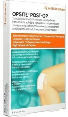 Productafbeelding van OPSITE Post-OP steriel, 9,5 x 8,5 cm, douchepleister, 5 stuks. Wondverbanden