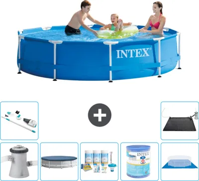 Produktbild von Intex Rundrahmen-Schwimmbecken – 305 x 76 cm – Blau – inklusive Pumpe Abdeckung - Wartungspaket - Filter - Bodenplane - Staubsauger - Solarmatte