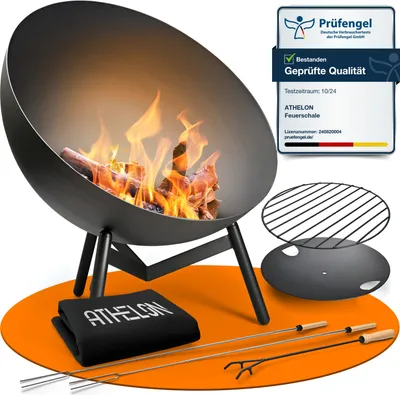 Produktbild von ATHELON® Feuerschale [Ø 60 cm] - wetterfeste Feuerstelle Outdoor aus Stahl für Garten, Terrasse und Balkon [mit Kipp-Mechanismus] - inkl. Zubehör & Abdeckung, schwarz
