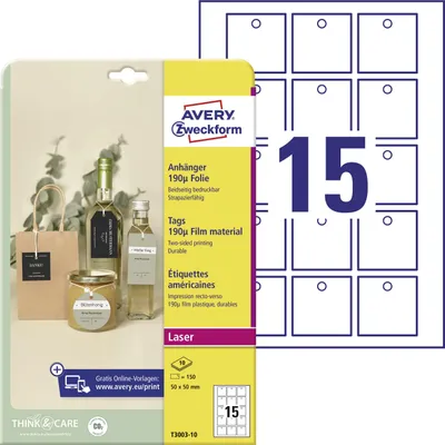 Image de AVERY Zweckform T3003-10 AVERY Zweckform Hängeetiketten weiß 50,0 x 50,0 mm blanko, 150 St.