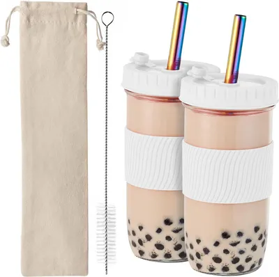 Produktbild von 720ml Bubble Tea Becher mit Deckel und Strohhlam, 2er Auslaufsicher Bubble Tea Gläser, Wiederverwendbare Trinkglas Tumbler Cup Eiskffee Becher