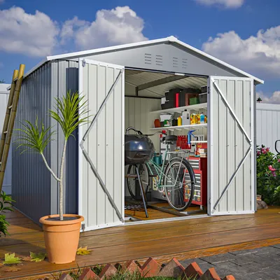 Produktbild von Geräteschuppen Gerätehaus XXL mit Fundament Satteldach Metall Schuppen Pultdach 9m³ Grau