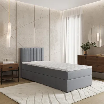 Produktbild von Masseno Boxspringbett BRESEL 90 90x200 cm Komplett-Set mit Bonell Matratze und Topper, Polsterbett mit Bettkästen -Grau, KRONOS 15