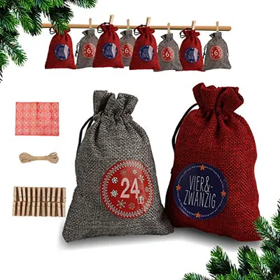 Produktbild von karpal 24 Adventskalender zum Befuellen Stoffbeutel Weihnachten Geschenksaeckchen mit Aufkleber Mini-Holzklammern Hanfseile Weihnachtskalender tueten Geschenkbeutel 14 x 10 cm£šRot/Grau£©