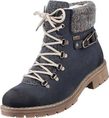 A single blue boot with tan laces and a gray knit collar is shown against a white background.