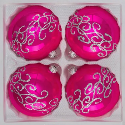 Produktbild von 4 tlg. Glas-Weihnachtskugeln Set 12cm Ø in "Hochglanz-Pink-Silberne-Ornamente"